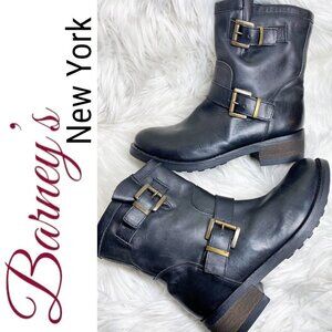 BARNEY'S NEW YORK Black‎ Leather Moto Buckle Ankle Boots, Size 37